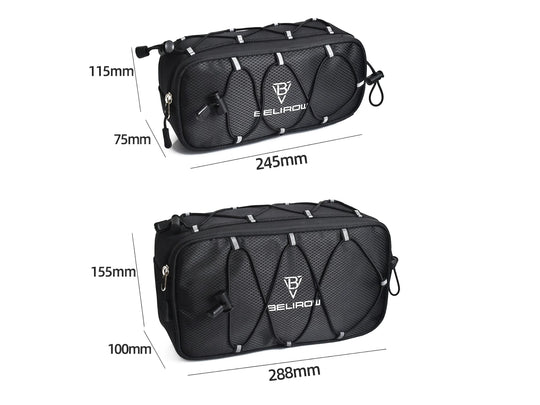 Dimensions of two black BELIROU bicycle bags: small 245 × 115 × 75 mm; large 288 × 155 × 100 mm.