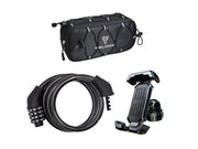 Bike accessory bundle with a black BELIROU storage bag, four-digit cable lock, and adjustable phone holder on a white background.