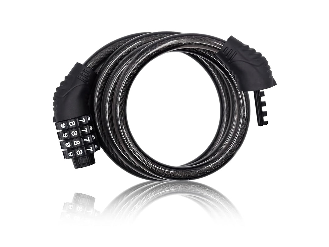 Coiled black bicycle cable lock with four combination dials on a white background.