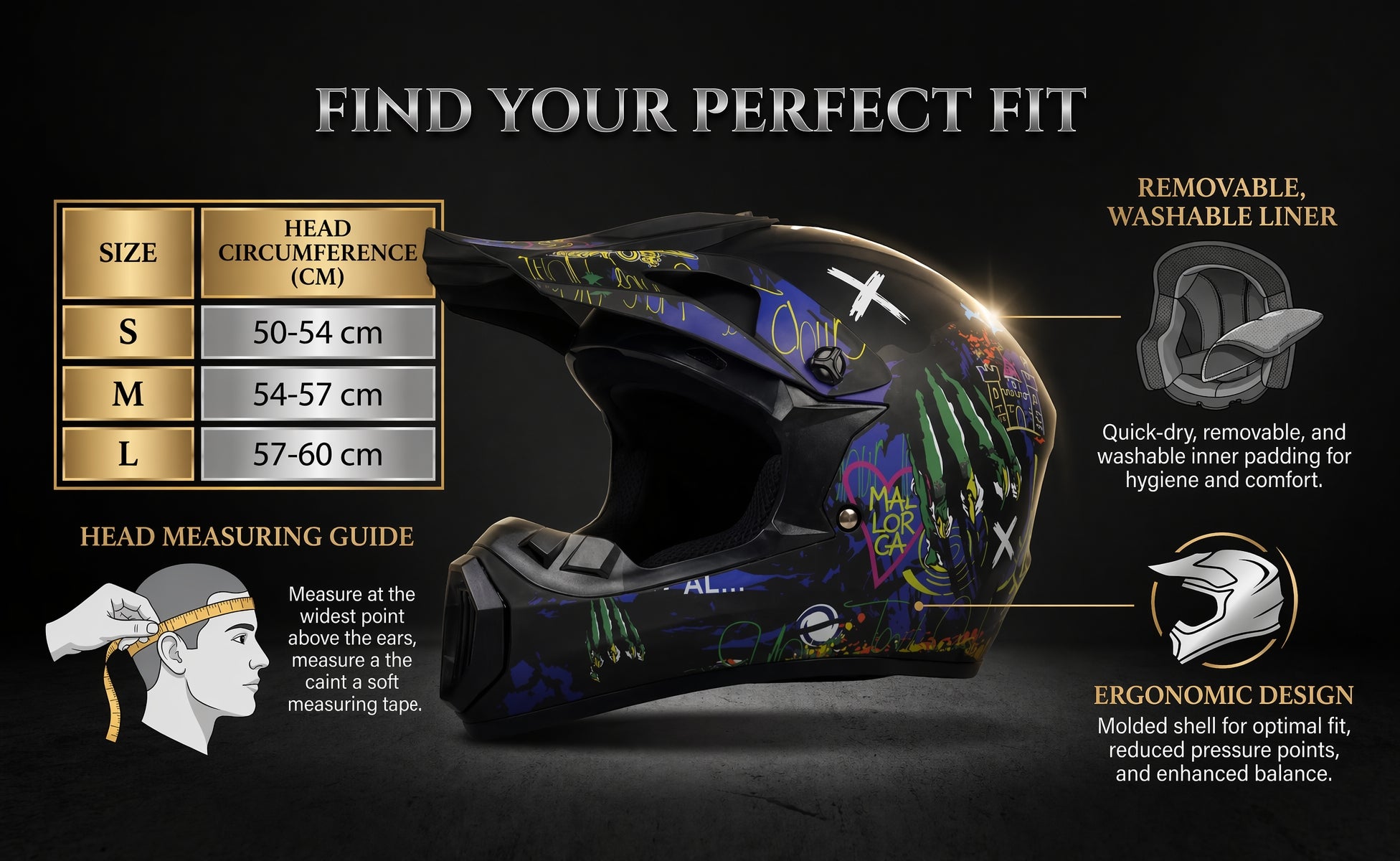NEXVEY® size guide and head measurement chart for graffiti-style off-road motocross helmets, showing head circumference in cm for sizes S, M, L