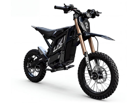 Front three-quarter view of a black NEXVEY FLASH 2 electric dirt bike on a white background
