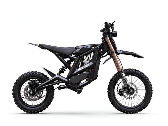 Side view of a black NEXVEY FLASH 2 electric dirt bike on a white background