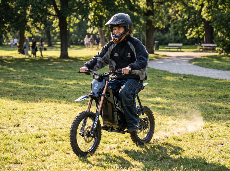 A helmeted rider on a black NEXVEY FLASH 2 electric dirt bike on park grass