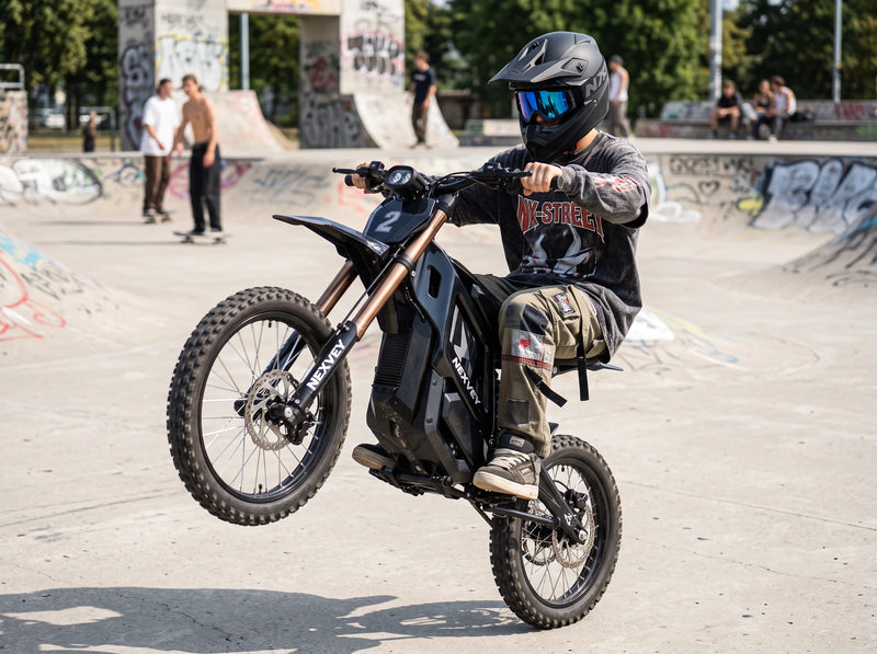 A helmeted rider performing a wheelie on a black NEXVEY FLASH 2 electric dirt bike at a skatepark