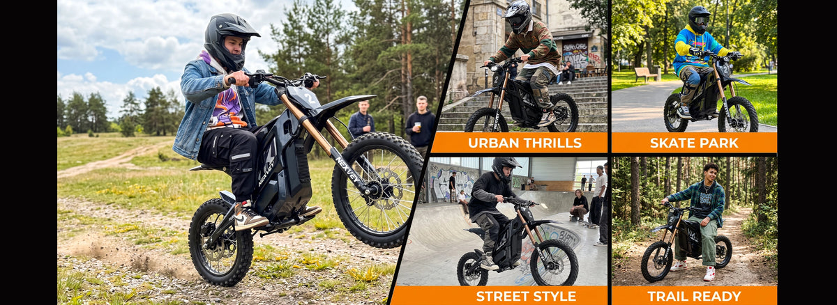 NEXVEY FLASH 2 black electric dirt bike riding scenes showing trails, a skatepark and rider style