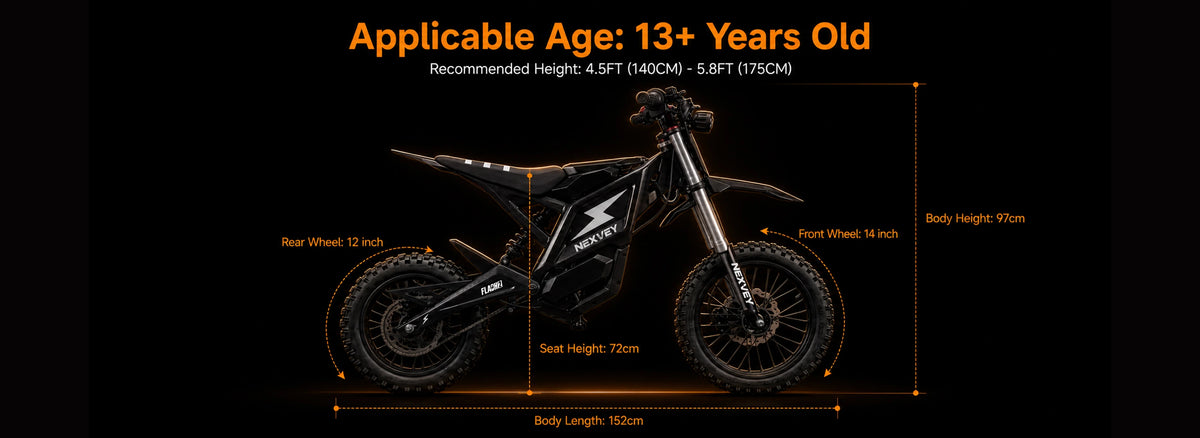 NEXVEY FLASH 2 electric dirt bike dimensions diagram with age guidance for riders ages 13 and up