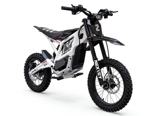 Front three-quarter view of a white NEXVEY FLASH 2 electric dirt bike on a white background