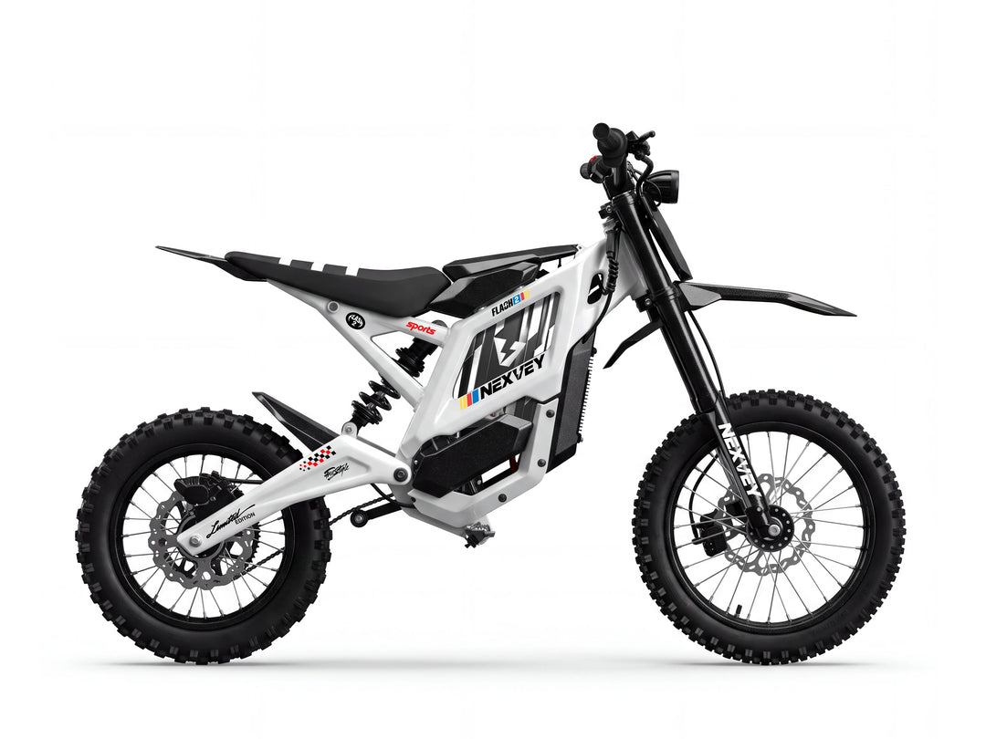 Side view of a white NEXVEY FLASH 2 electric dirt bike on a white background