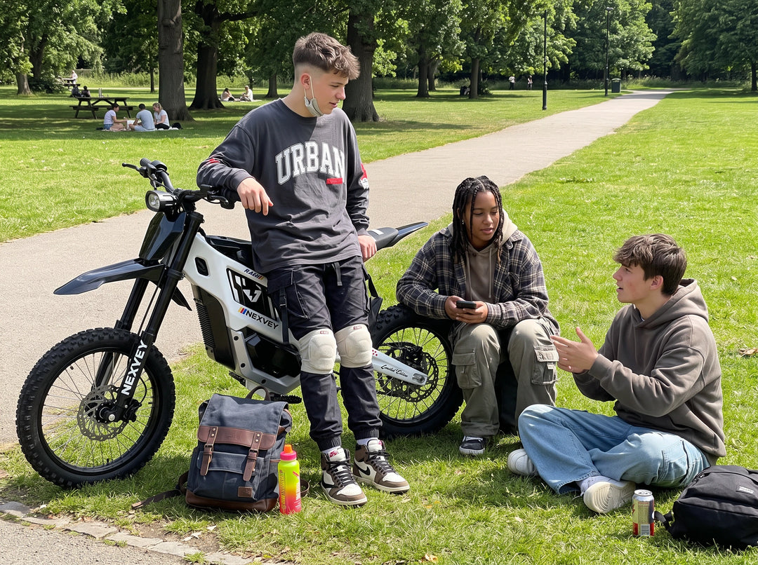 Friends relaxing on park grass beside white NEXVEY FLASH 2 electric dirt bikes