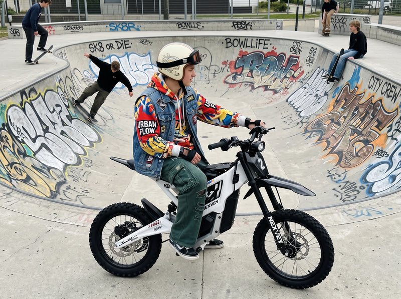 A helmeted rider on a white NEXVEY FLASH 2 electric dirt bike beside a graffiti-covered skatepark bowl