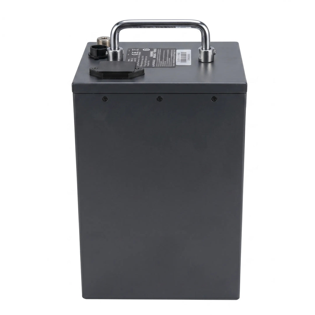 Nexvey FLASH series high-capacity 48V lithium-ion replacement battery for youth electric dirt bikes, featuring a durable metal casing and a chrome carry handle.