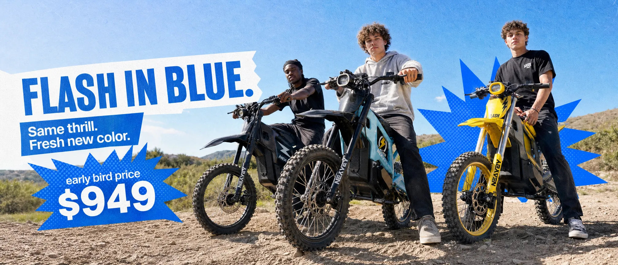 NEXVEY electric motorbikes poster featuring the new blue color release titled Flash in Blue.