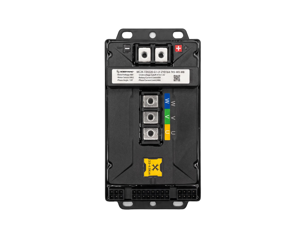 NEXVEY FLASH motor controller showing positive and negative power terminals, color-coded U, V, W phase terminals and wiring connectors