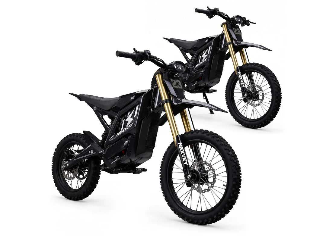 NEXVEY FLASH PRO electric dirt bike 2-bike bundle in black duo on white background