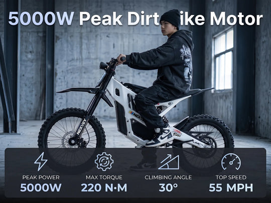 Nexvey Flash Pro white youth electric dirt bike powered by a 5000W peak motor with 220 N.m torque and 55 mph top speed