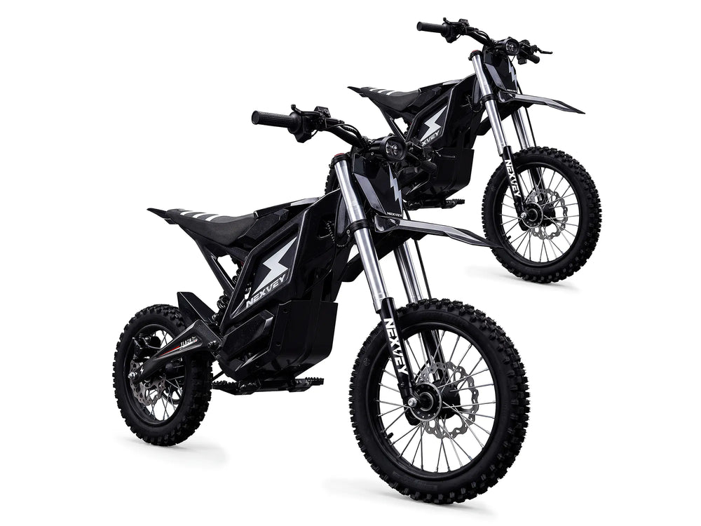 NEXVEY FLASH youth electric dirt bike 2-bike bundle in black duo on white background