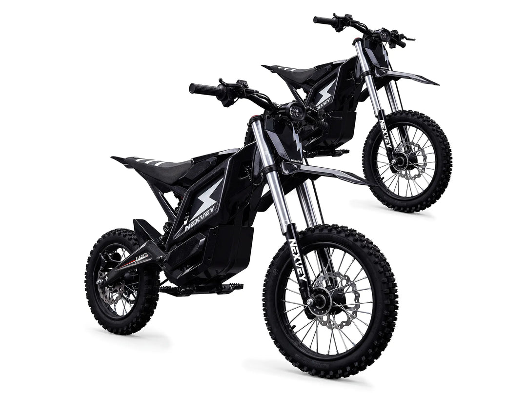 NEXVEY FLASH youth electric dirt bike 2-bike bundle in black duo on white background