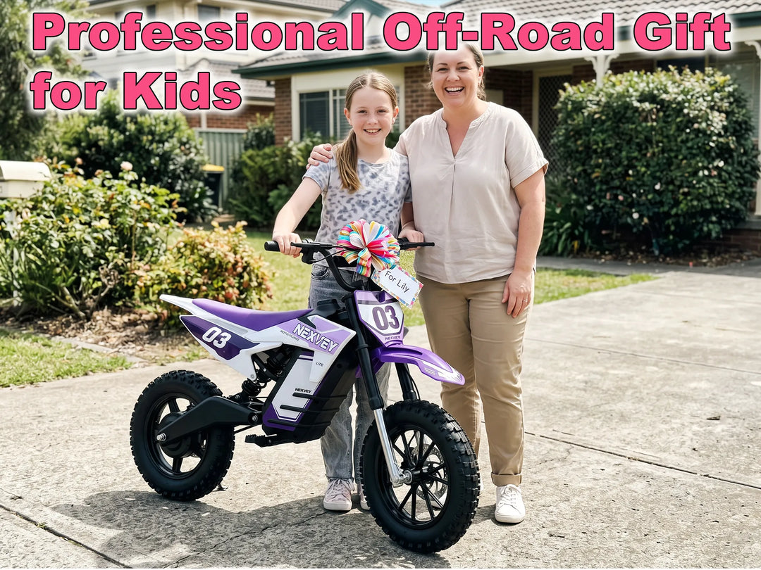 NEXVEY Spark 03 Lite kids electric dirt bike decorated as a gift for a young girl with her mother.
