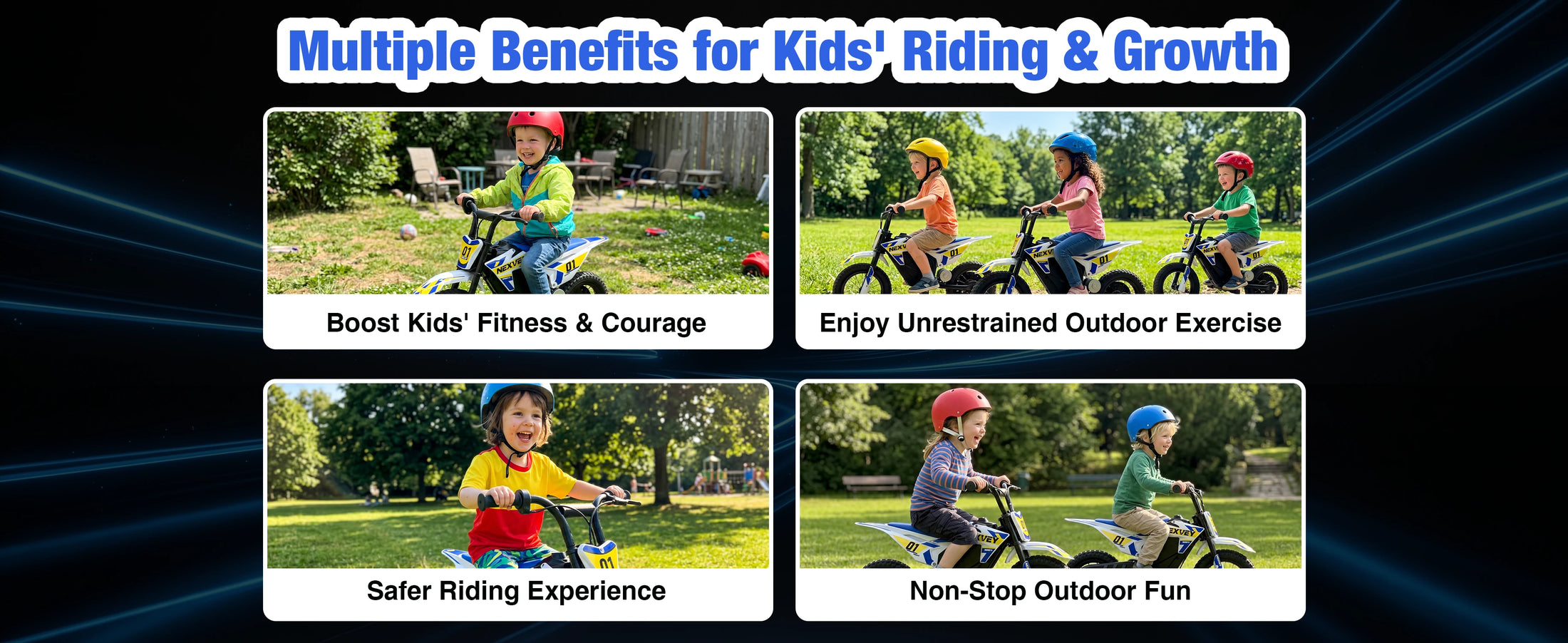NEXVEY Spark 01 kids riding benefits for fitness, courage, and outdoor play
