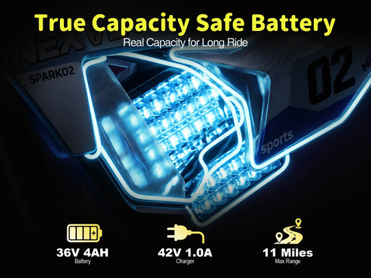 NEXVEY Spark 02 36V 4Ah battery and 11-mile riding range