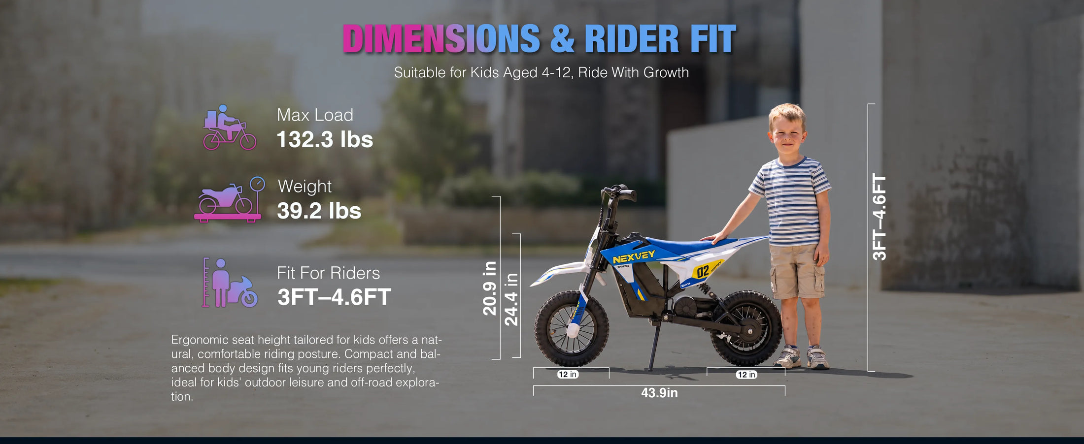 NEXVEY Spark 02 dimensions and rider fit for children ages 4 to 8