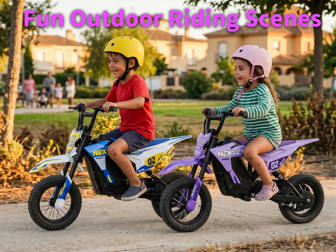 Two kids with helmets having fun riding Nexvey Spark 02 electric dirt bikes in an outdoor park.