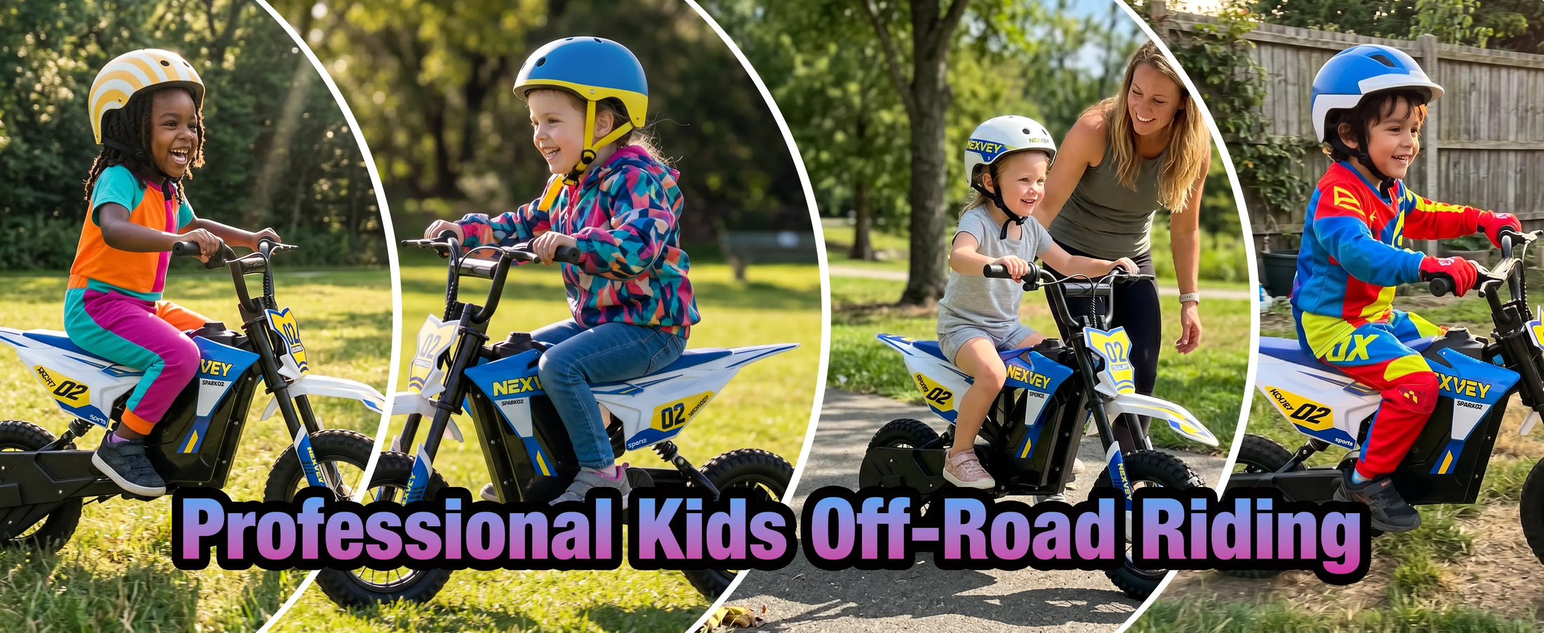 Children riding NEXVEY Spark 02 electric dirt bikes during off-road play