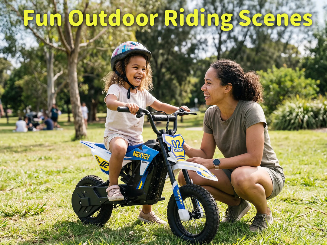 Young child riding a NEXVEY Spark 02 electric dirt bike with a parent in a park