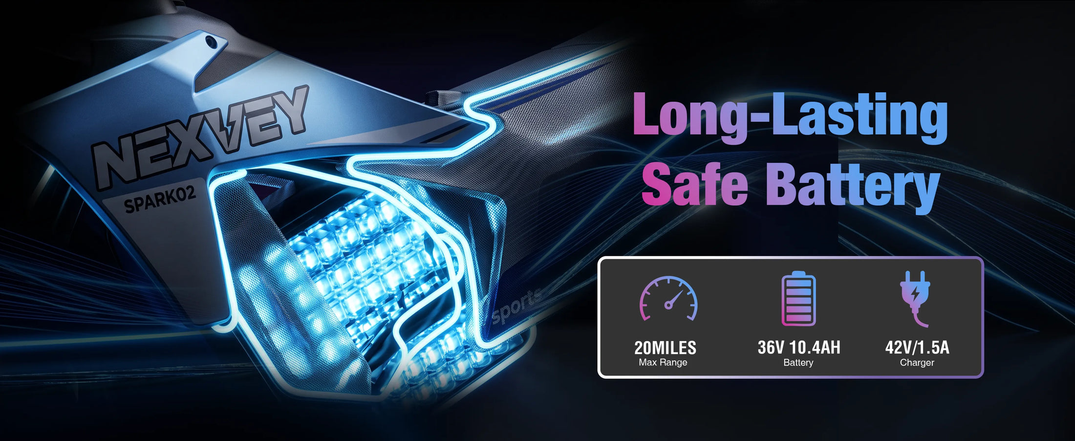 NEXVEY Spark 02 36V battery with 20-mile range and charger