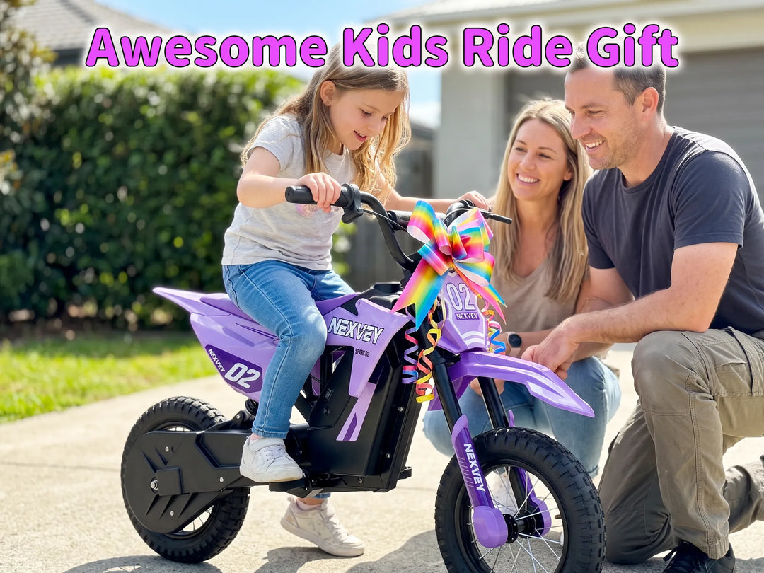 A young girl on a Nexvey Spark 02 purple electric dirt bike with a rainbow bow, presented as a gift by smiling parents.