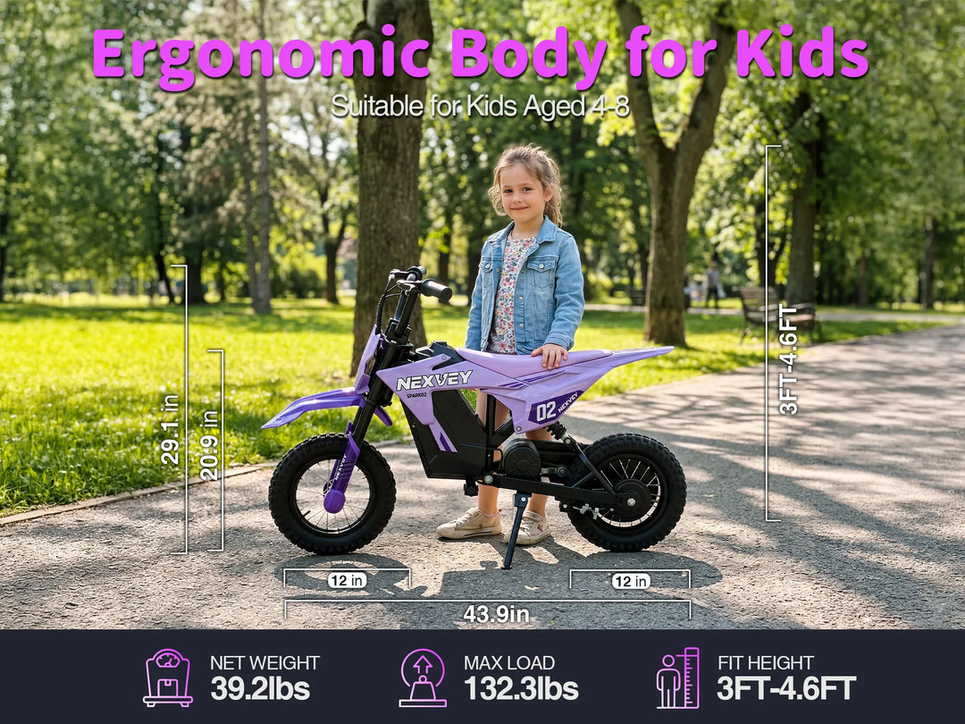 NEXVEY Spark 02 purple electric dirt bike size chart and dimensions for kids aged 4-8.