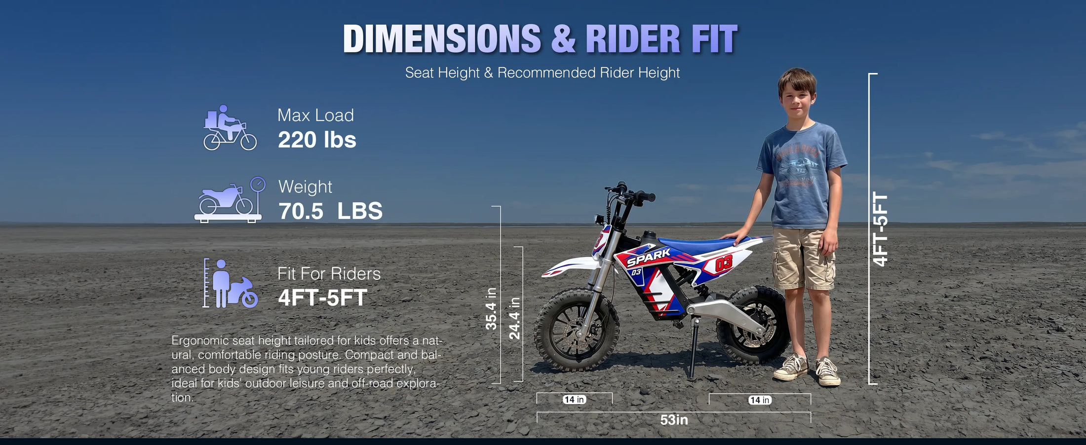 NEXVEY Spark 03 Lite dimensions and rider fit for ages 8 to 12