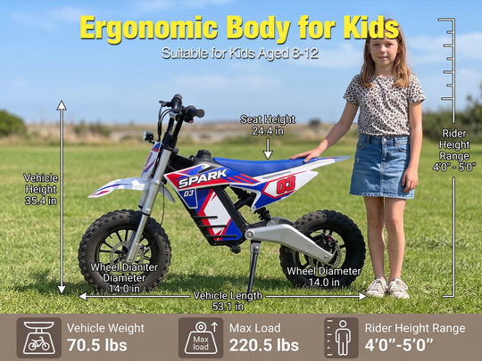 NEXVEY Spark 03 Lite dimensions and rider fit for ages 8 to 12