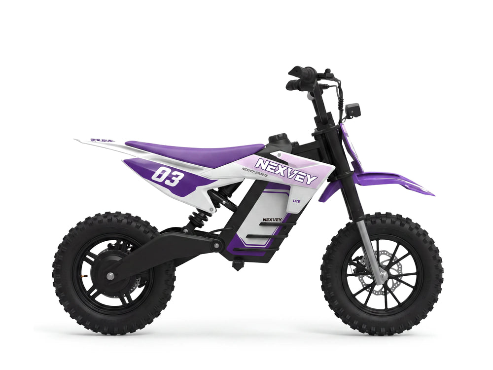 Side profile of NEXVEY Spark 03 Lite kids electric dirt bike in purple and white.