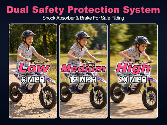 NEXVEY Spark 03 Lite kids electric dirt bike with 3 speed modes (6 mph, 12 mph, 20 mph) and dual safety protection system