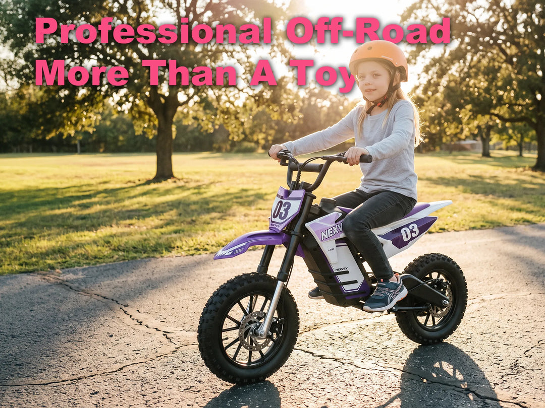 NEXVEY Spark 03 Lite professional off-road electric dirt bike for kids featuring a child riding outdoors.