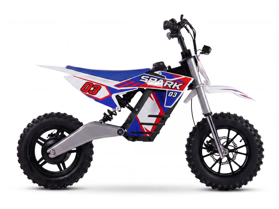 Right-side view of a red and blue NEXVEY Spark 03 Lite kids electric dirt bike on white background