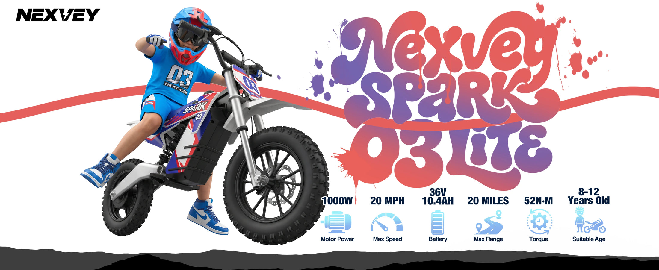 NEXVEY Spark 03 Lite red and blue electric dirt bike specifications