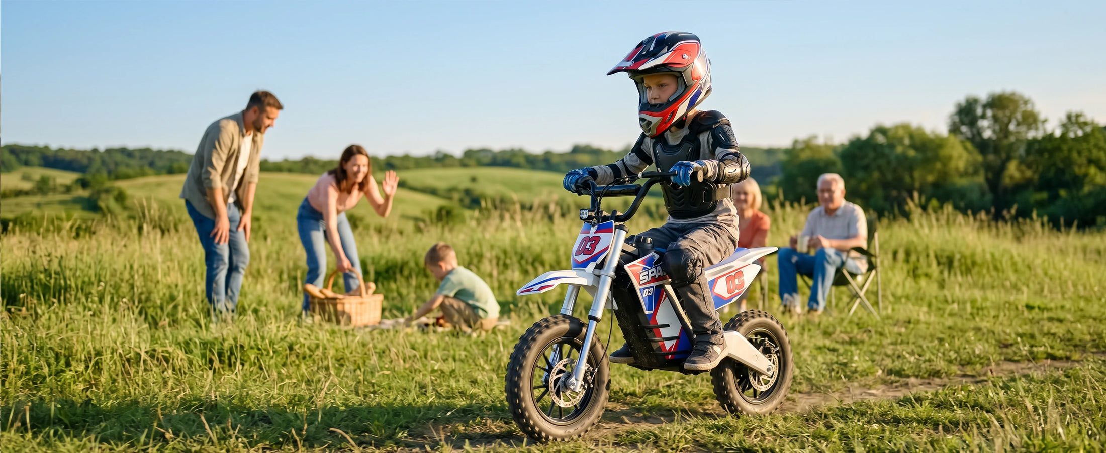Young rider on a NEXVEY Spark 03 Lite electric dirt bike with family outdoors
