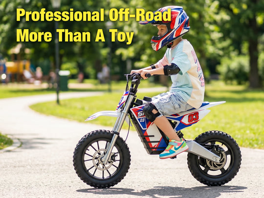 Teen riding a red and blue NEXVEY Spark 03 Lite electric dirt bike outdoors