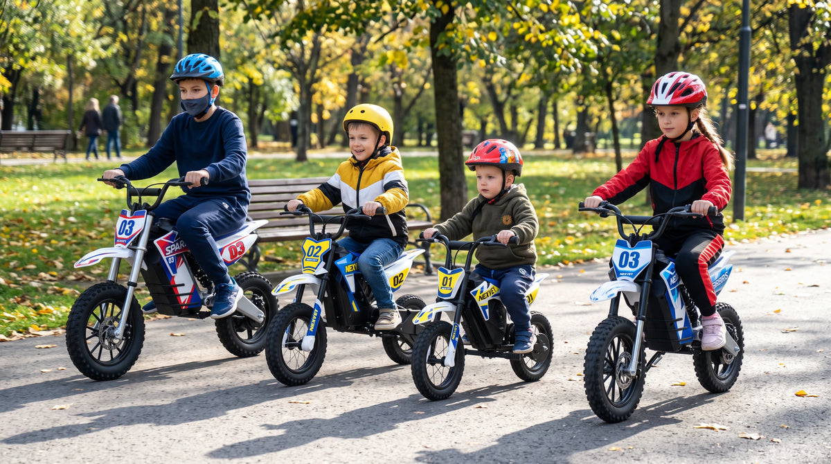 Four helmeted children riding NEXVEY SPARK electric dirt bikes along a tree-lined park path.