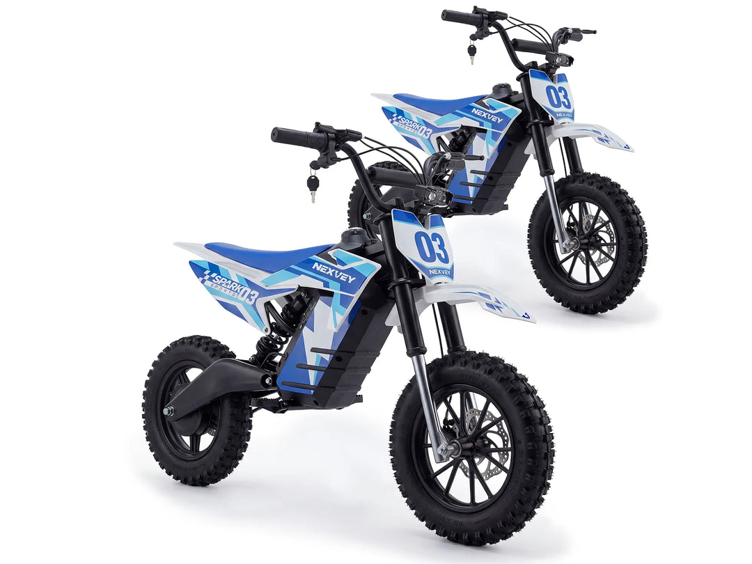 NEXVEY SPARK03 kids electric dirt bike 2-bike bundle in blue duo on white background