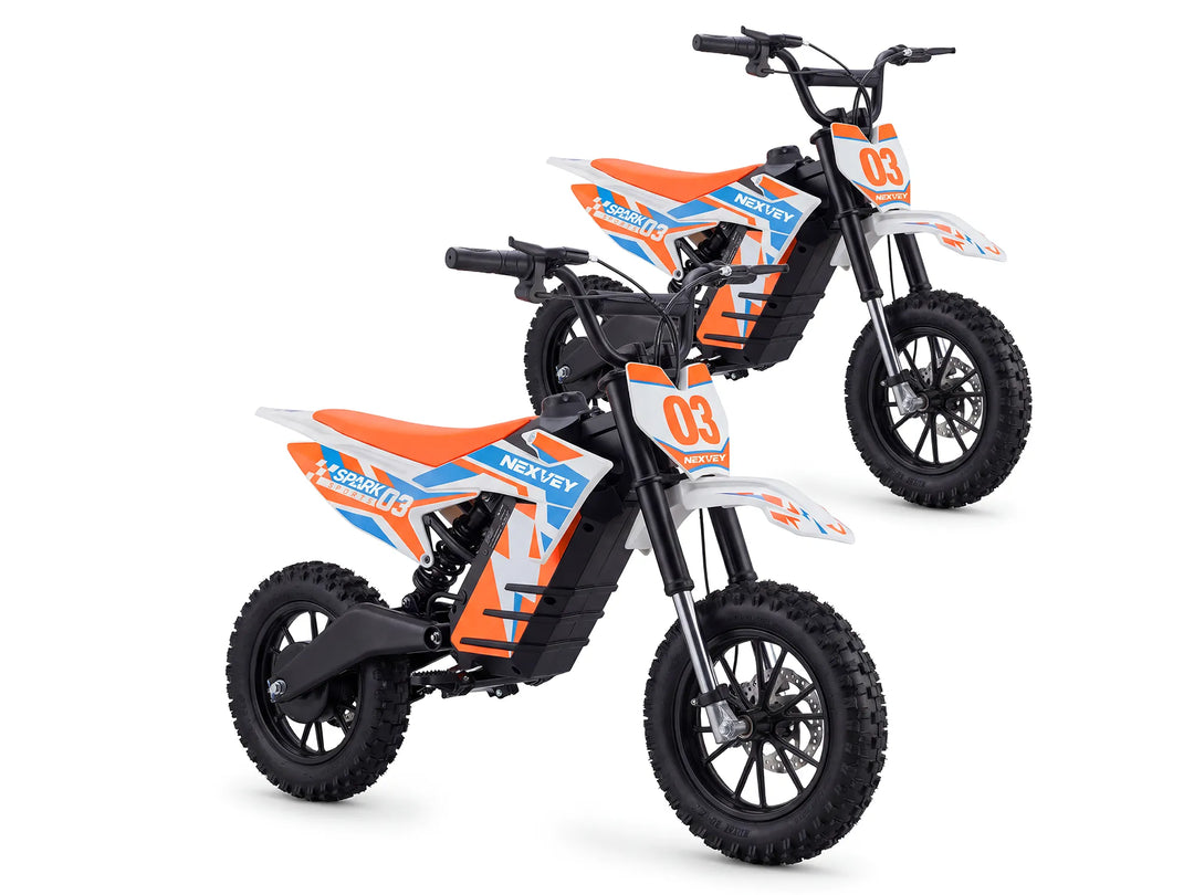 NEXVEY SPARK03 kids electric dirt bike 2-bike bundle in orange duo on white background