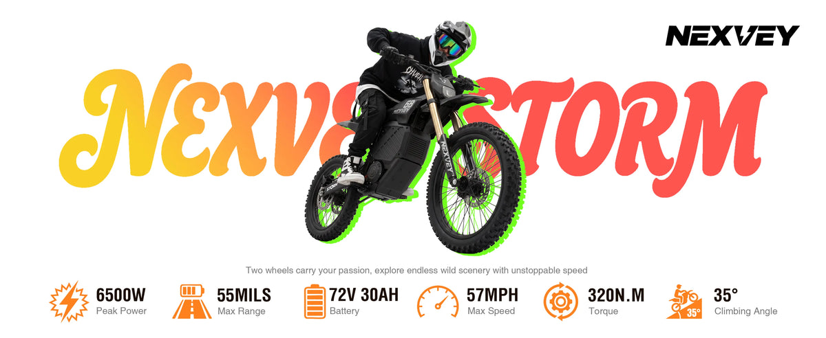 NEXVEY Storm 6500W electric dirt bike with key performance specifications