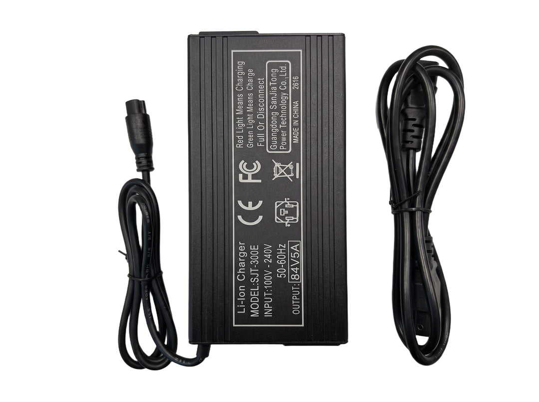 NEXVEY STORM 84V 5A lithium-ion battery charger with charging connector and AC power cord on a white background