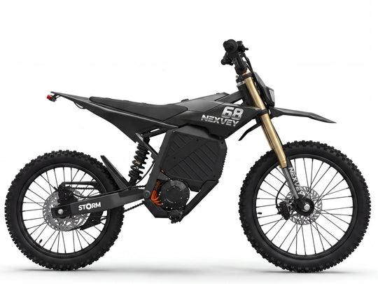 Black NEXVEY Storm electric dirt bike in right-side view on white background