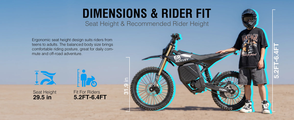 NEXVEY Storm dimensions and rider fit guide for riders ages 13 and up
