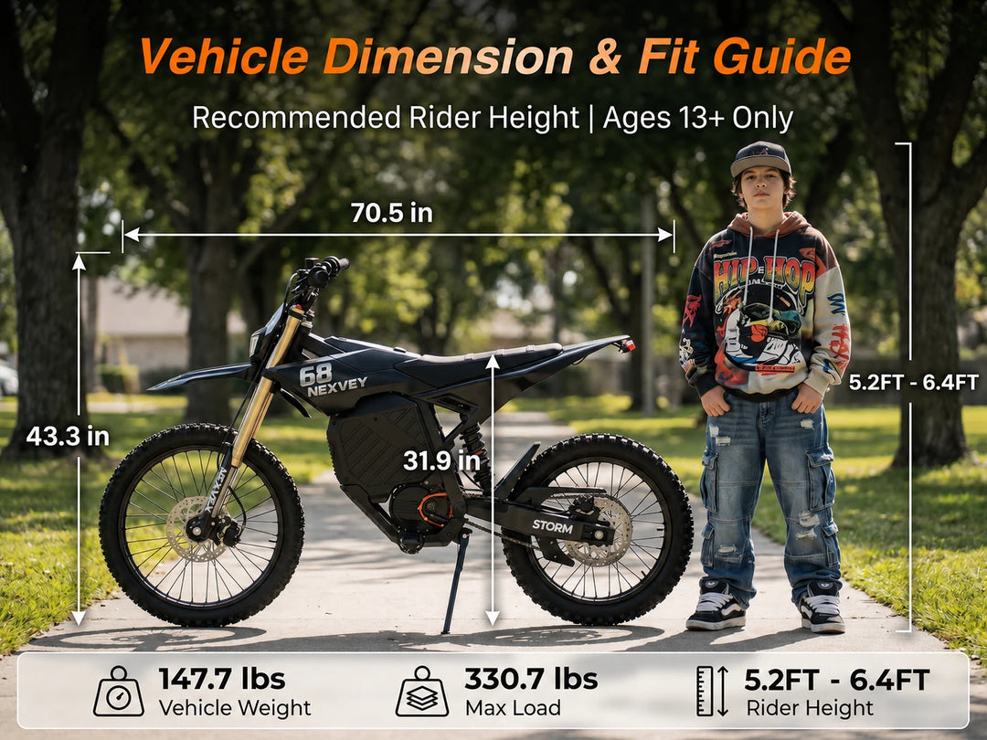 NEXVEY Storm vehicle dimensions and rider fit guide for ages 13 and up