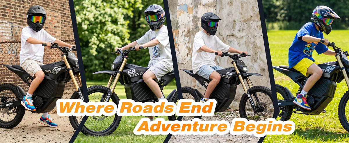 Riders enjoying a NEXVEY Storm electric dirt bike during an outdoor off-road adventure