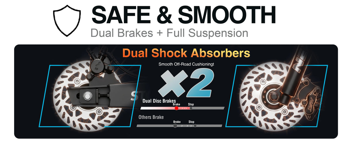 NEXVEY Storm full suspension and dual disc brakes for safe, smooth riding